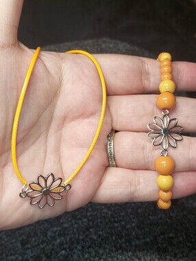Orange Daisy Leather Cord Bracelet Set
